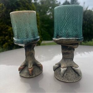 Signed Richard Marshall Pottery Dragon Talon Pair Of Goblets